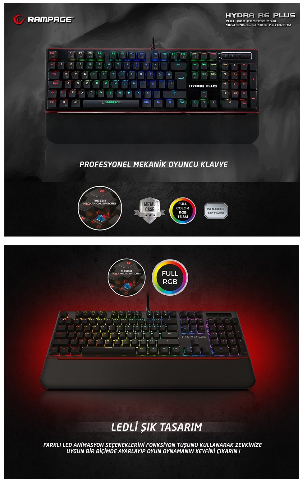 Rampage HYDRA R6 PLUS Full RGB Usb + Audio Portlu Aluminyum Kaplama Mavi Switch Makrolu Gaming Mekanik Klavye