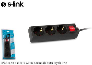 S-link SPG8-3-50 5m 3Lü Akım Korumalı Siyah Priz...Led Aydınlatmalı Açma Kapama Anahtarlı Siyah Renk Üçlü Priz