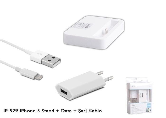 S-link IP-529 iPhone 5 1000MA 3 in 1 Ev+Stand+Data Şarj Kablo