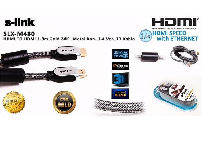 S-link SLX-M480 HDMI TO HDMI 1.8m Altın Uçlu 24K+ Metal Kon. 1.4 Ver. 3D Kablo