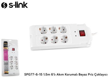 S-link SPG77-6-15 1.5m 6'li Akım Korumalı Beyaz Priz Çoklayıcı