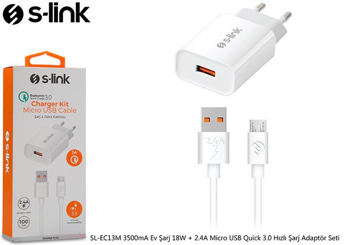 S-link SL-EC13M 3500mA Ev Şarj 18W + 2.4A Micro USB Quick 3.0 Hızlı Şarj Adaptör Seti
