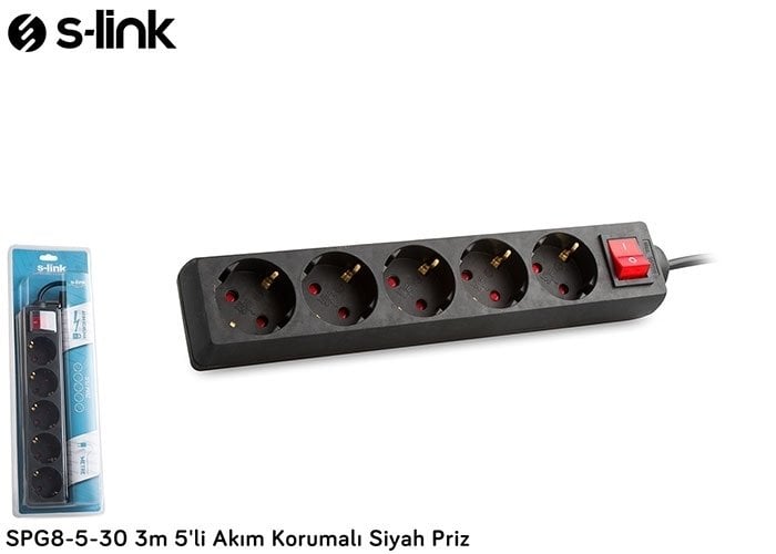 S-link SPG8-5-30 3m 5li Akım Korumalı Siyah Priz
