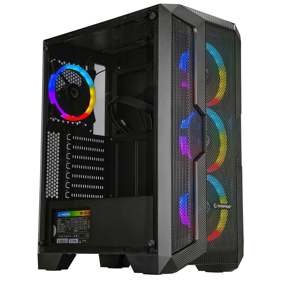 Rampage REACTION Temper Camlı Siyah 4 Adet Rainbow Fanlı Gaming Oyuncu Kasası Power Yok