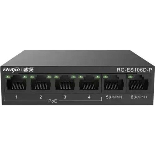 Reyee RG-ES106D-P 6 Portlu, 10/100 Fast Ethernet, Tak Çalıştır Switch, 2 Fast Ethernet Uplink, 4 Port PoE+ (58W)