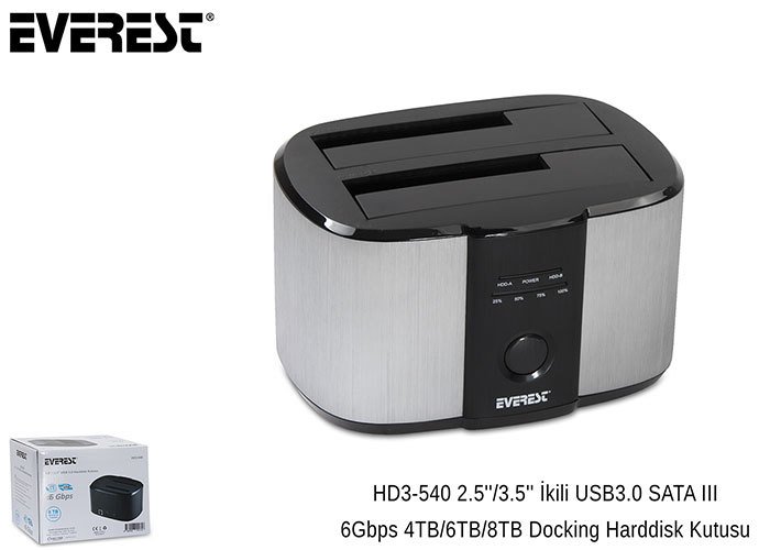 Everest HD3-540 2.5/3.5 İkili USB3.0 SATA III 6Gbps 4TB/6TB/8TB Docking Harddisk Kutusu