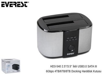 Everest HD3-540 2.5/3.5 İkili USB3.0 SATA III 6Gbps 4TB/6TB/8TB Docking Harddisk Kutusu
