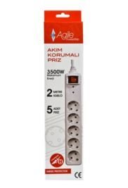 AGILE 3500w 5-li Akım Korumalı Grup Priz 2 Metre Acma-Kapama Beyaz