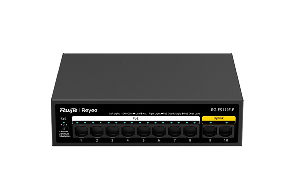 Ruijie Reyee RG-ES110F-P 10 Port 10/100 Mbps PoE+ Switch 8 Port PoE+ 110W Tak Çalıştır