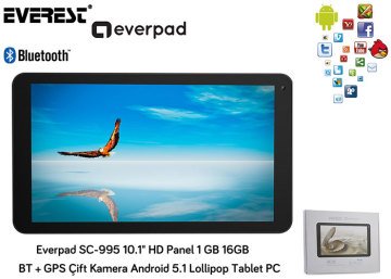 Everest EVERPAD SC-995 10.1 HD Panel 1 GB 1.3GHz x4 16GB BT.+ GPS Çift Kamera Android 5.1 Lollipop Tablet PC