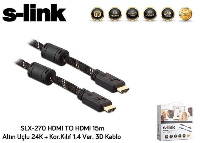 S-link SLX-270 HDMI TO HDMI 15m Altın Uçlu 24K + Kor.Kılıf 1.4 Ver. 3D Kablo