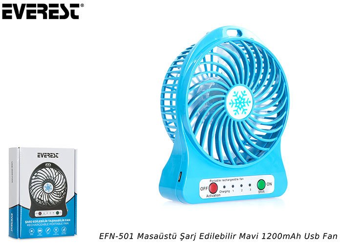 Everest EFN-501 Masaüstü Şarj Edilebilir Mavi 1200mAh Usb Fan