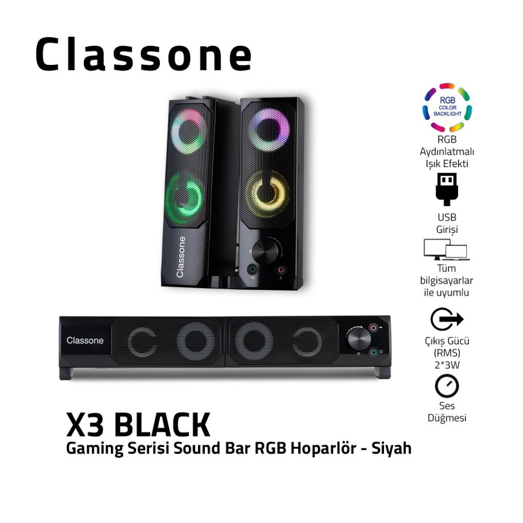Classone X3 Gaming Soundbar, RGB Hoparlör -Siyah