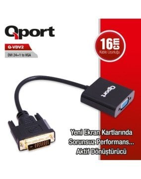 Q Port Q-VDV2 24+1 DVI to VGA Yeni Ekran Kartlarına Uyumlu Yüksek Çözünürlüklü Aktif Çevirici