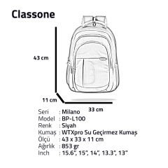 Classone BP-L100 Milano Serisi WTXpro Su Geçirmez Kumaş 15,6 inch Sırt Çantası – Siyah