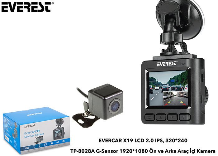 Everest EVERCAR X19 LCD 2.0 IPS, 320*240 TP-8028A G-Sensor 1920*1080 Ön ve Arka Araç İçi Kamera