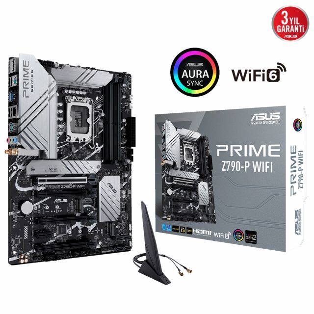 ASUS MB PRIME Z790-P WIFI-CSM INTEL Z790 LGA1700 DDR5 7200 DP HDMI 3x M2 USB3.2 AX WiFi-BT AURA RGB 2.5Gbit LAN ATX UCRETSIZ UZAKTAN YONETIM YAZILIMI ASUS 5X PROTECTION III