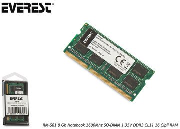 Everest RM-S81 8 Gb DDR3 Notebook Ram Bellek (1600Mhz SO-DIMM 1.35V CL11 16 Chip)
