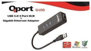 Qport Q-U3G Gigabit Ethernet Hub Adaptör + 3 Port USB 3.0 Hub