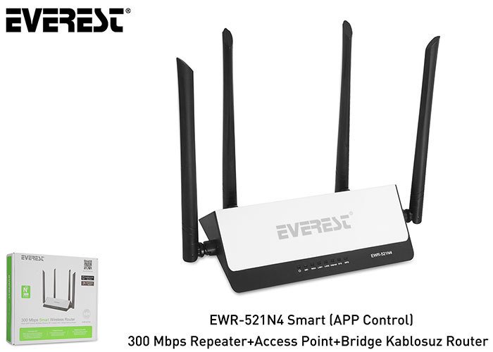 Everest EWR-521N4 Smart (APP Control) 300 Mbps Repeater+Access Point+Bridge Kablosuz Router