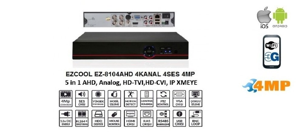 Ezcool EZ-8104AHD 4Mp Destekler 4 Kanal 4 Ses 1 Hdd  Dvr Cihazı...Yüksek Çözünürlüklü Hareket Algılama Özellikli Hdmi Vga ve RJ45 Çıkışlı Çok Daha Uzun Mesafeleri Destekleyen RS-485 Veri Yolu Standartlı Kamera Kayıt Cihazı