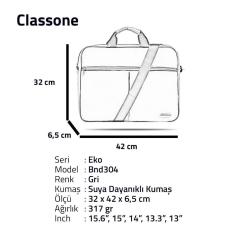 Classone BND304 Eko2 Serisi Laptop Notebook Çantası-15.6 inch Uyumlu-Gri