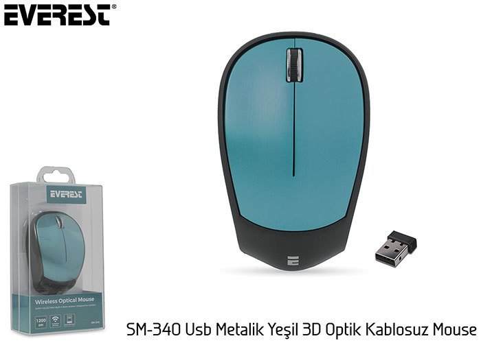 Everest SM-340 Usb Metalik Yeşil 3D Optik Süper Sessiz Alkalin Pilli Kablosuz Mouse