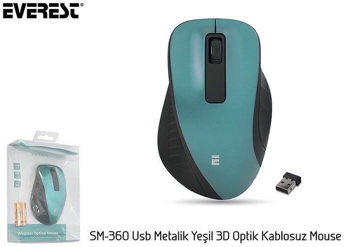 Everest SM-360 Usb Metalik Yeşil 3D Optik Süper Sessiz Alkalin Pil Kablosuz Mouse