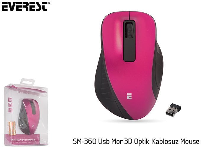 Everest SM-360 Usb Mor 3D Optik Süper Sessiz Alkalin Pil Kablosuz Mouse