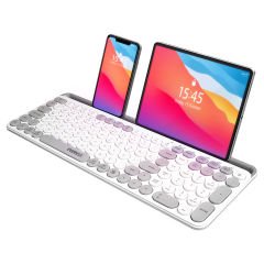 Everest EKW-28 Beyaz/Gri 2.4G+BT1+BT2 Çoklu Cihaz Bağlantılı Q Yuvarlak Tuşlu Kablosuz klavye