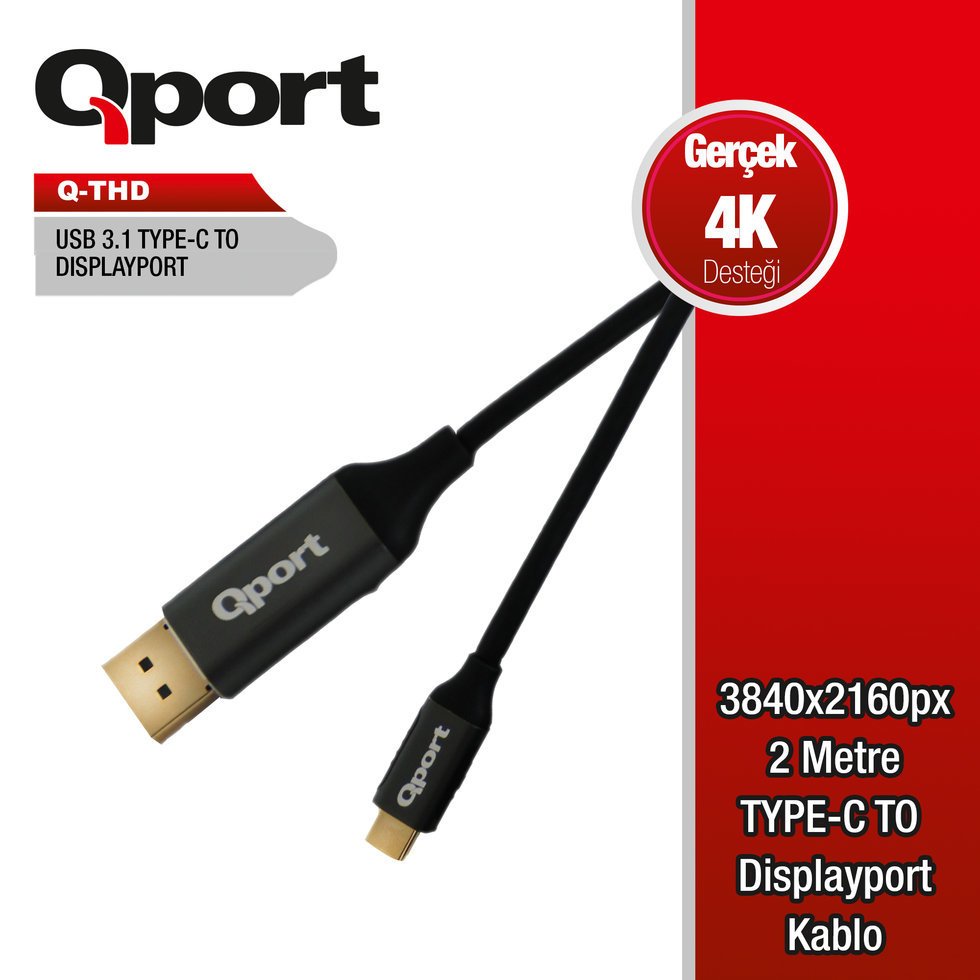 QPORT Q-THD TYPE-C TO DISPLAY PORT 4K 60HZ 2 METRE KABLO