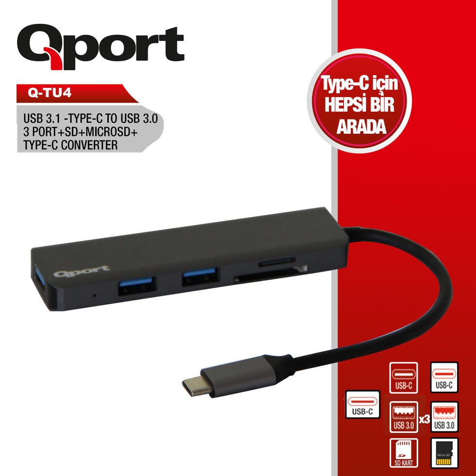 QPORT Q-TU4 TYPE-C TO USB 3.0 3PORT +SD+MICRO SD+ TYPE-C (F) ÇEVİRİCİ