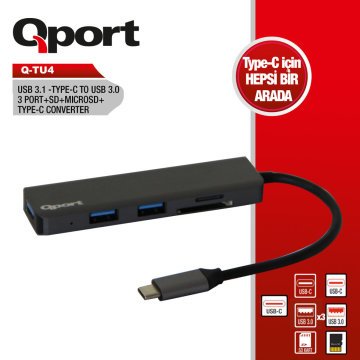 QPORT Q-TU4 TYPE-C TO USB 3.0 3PORT +SD+MICRO SD+ TYPE-C (F) ÇEVİRİCİ